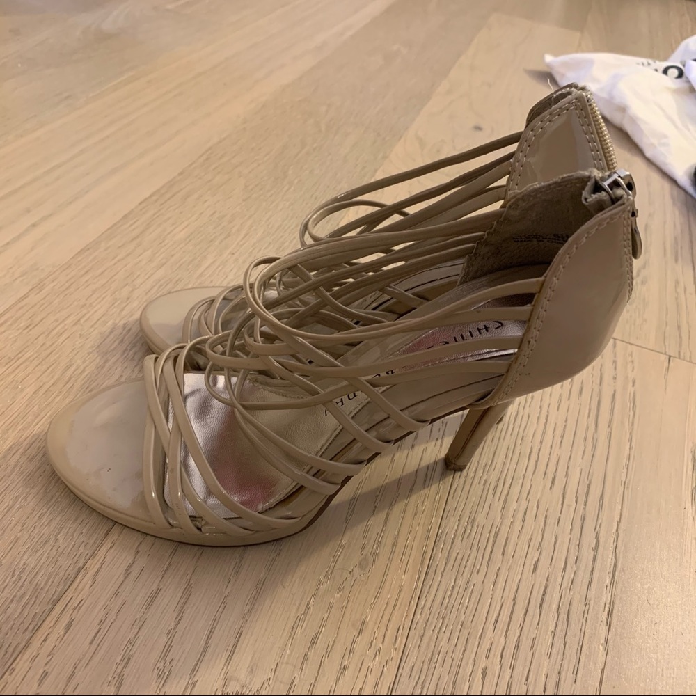 Tan/nude patent leather strappy heels